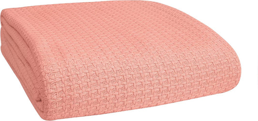 BELIZZI HOME 100% Cotton Bed Blanket, Breathable Bed Blanket Full Queen Size, Cotton Thermal Blankets Full Queen, Perfect for Layering Any Bed for All Season, Peach