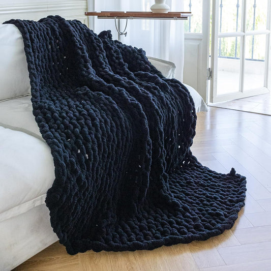 Chunky Knit Blanket - Luxury Soft Cozy Extra Large Size (80 * 90) Throw Blanket,100% Woven Blanket Rope Knot Throw Blanket for Couch, Sofa, Home Decor, Gift - Machine Washable（Black）