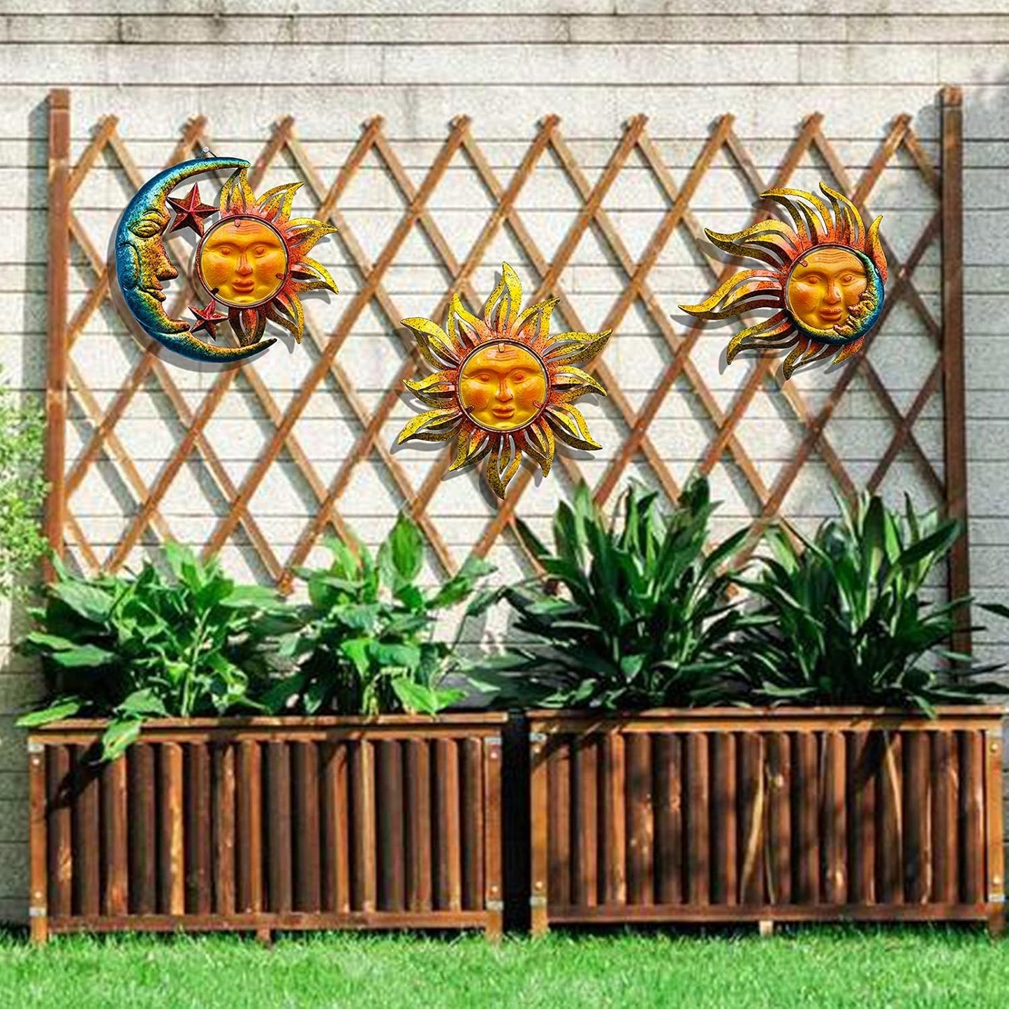 Sun Face Metal Wall Art Décor Outdoor Indoor, Sun Moon Star, Metal Glass Hanging for Garden Sun Face Sculptures & Statues Statues Wall Art for Farmhouse, Patio, Garden Decoration(3 Pack)