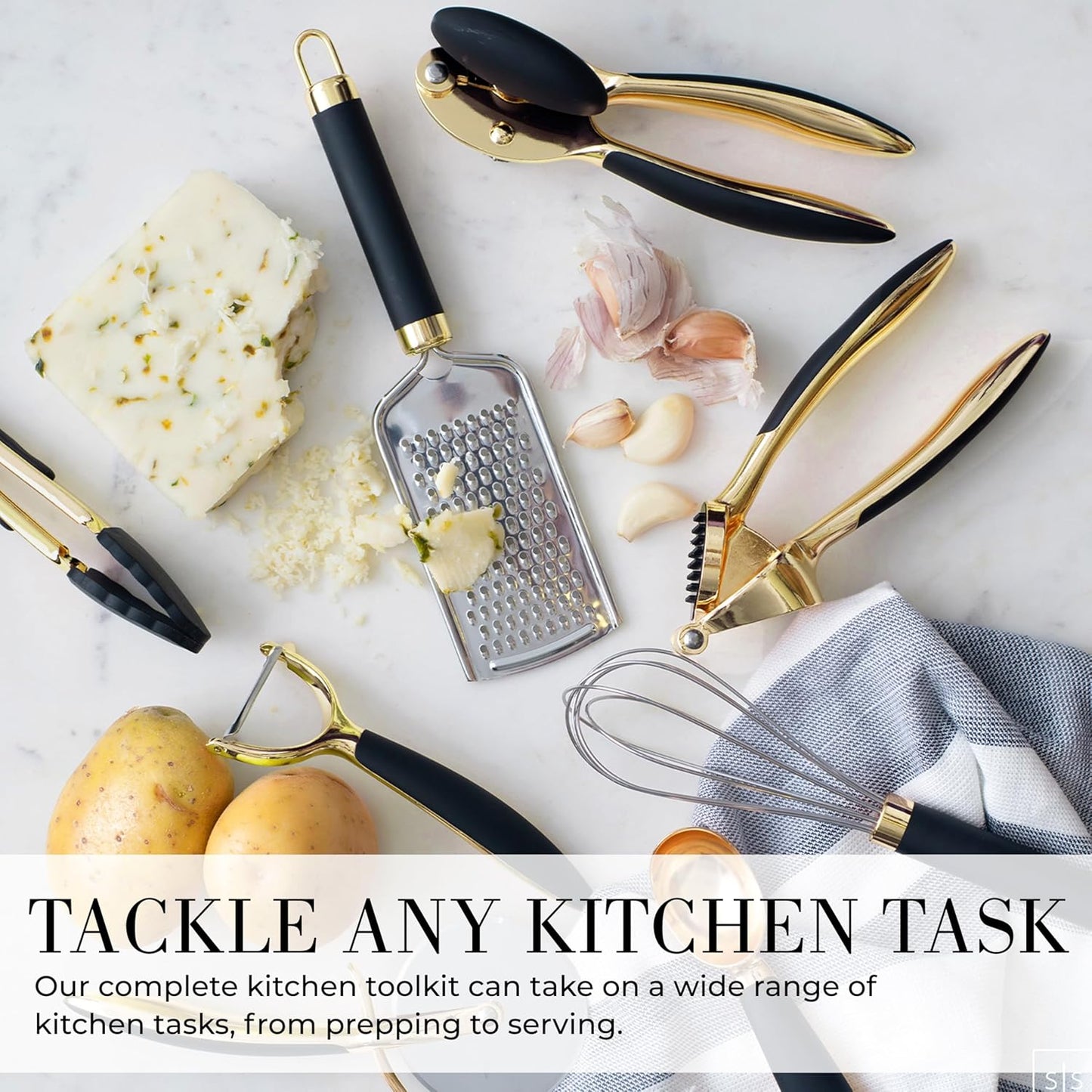 Black and Gold Kitchen Utensils - Luxe 8-Piece Gold Kitchen Tools Set with Can Opener, Pizza Cutter, Peeler, Mini Whisk, and Tongs - Stylish Accessories for Modern Cooking and Ideal for Gifting