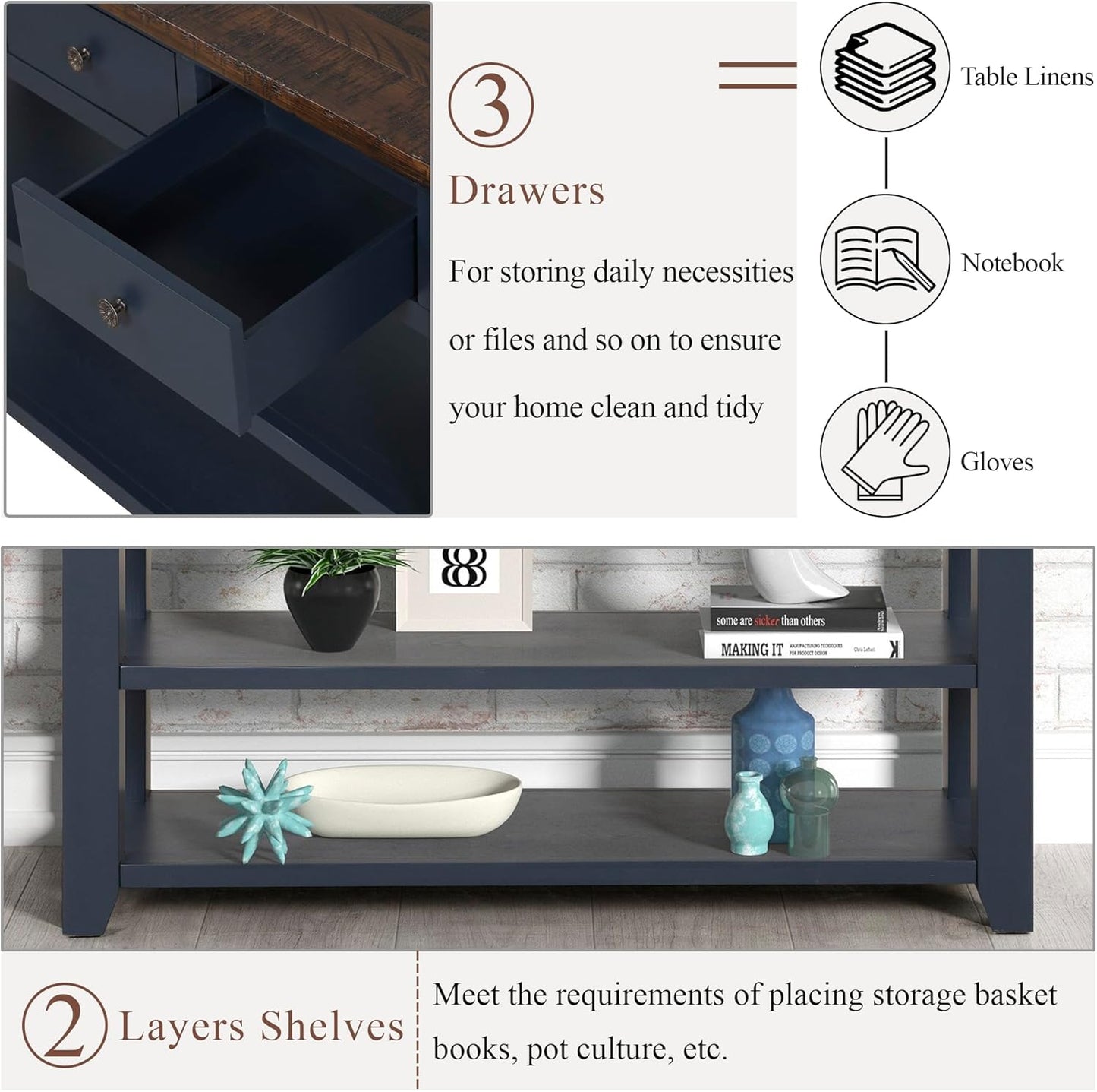 Farmhouse Wood Entry Console Table 48-Inch Modern Sofa Entryway Table with Drawers and Storage Shelves for Entrance Living Room (Blue)