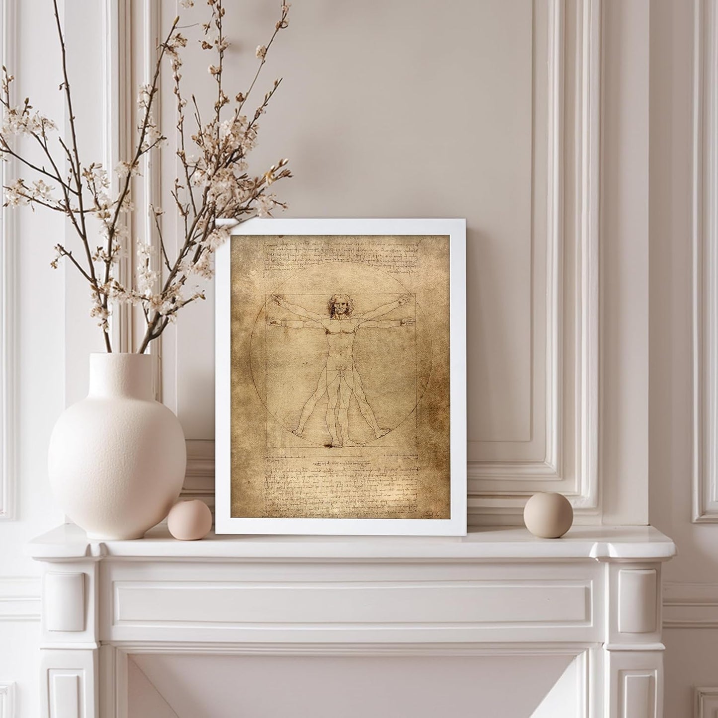Poster Master Classic Leonardo Da Vinci Poster - Vintage Renaissance Print - Gift for Artist, Friend - Vitruvian Man, Proportion, Symmetry, Human Body - Wall Decor for Office, 8x10 White Framed
