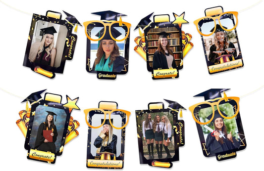 pinkblume Graduation Party Decorations Black and Gold Grad Photo Banner Congrats Grad Photograph Bunting Garland for 2025 Graduation Celebration Party Decorations Supplies