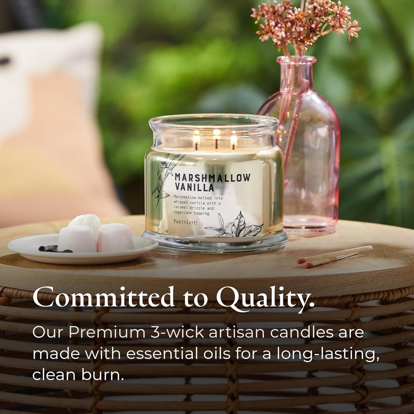 PartyLite Marshmallow Vanilla Scented with Caramel & Sugarcane Notes, 13.2oz 3-Wick Jar Candle, 45 Hour Burn Time, Luxurious Fragrance, Ideal for Gifting
