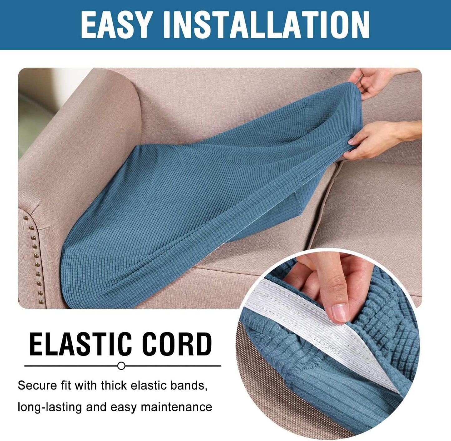 H.VERSAILTEX Super Stretch Individual Seat Cushion Covers Sofa Covers Couch Cushion Covers Slipcover Sets Thick Jacquard Textured Twill Fabric (2 Piece Medium Sofa Cushion Covers, Dusty Blue)