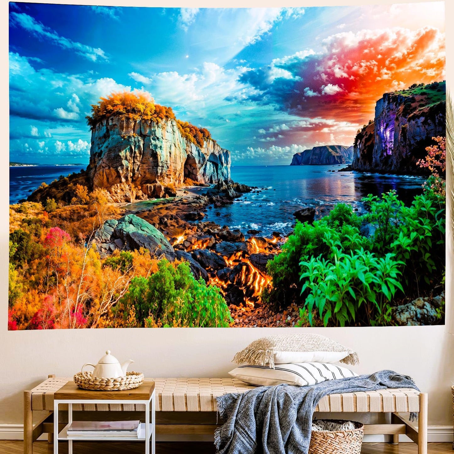 Delur Coastal Ocean Beach Tapestry Tropical Forest Tree Sunrise Sea Landscape Tapestry Wall Hanging Wave Sunset Nature Colorful Spiritual Headboard for Bedroom Living Room Home Decor (70.8" x 92.5")