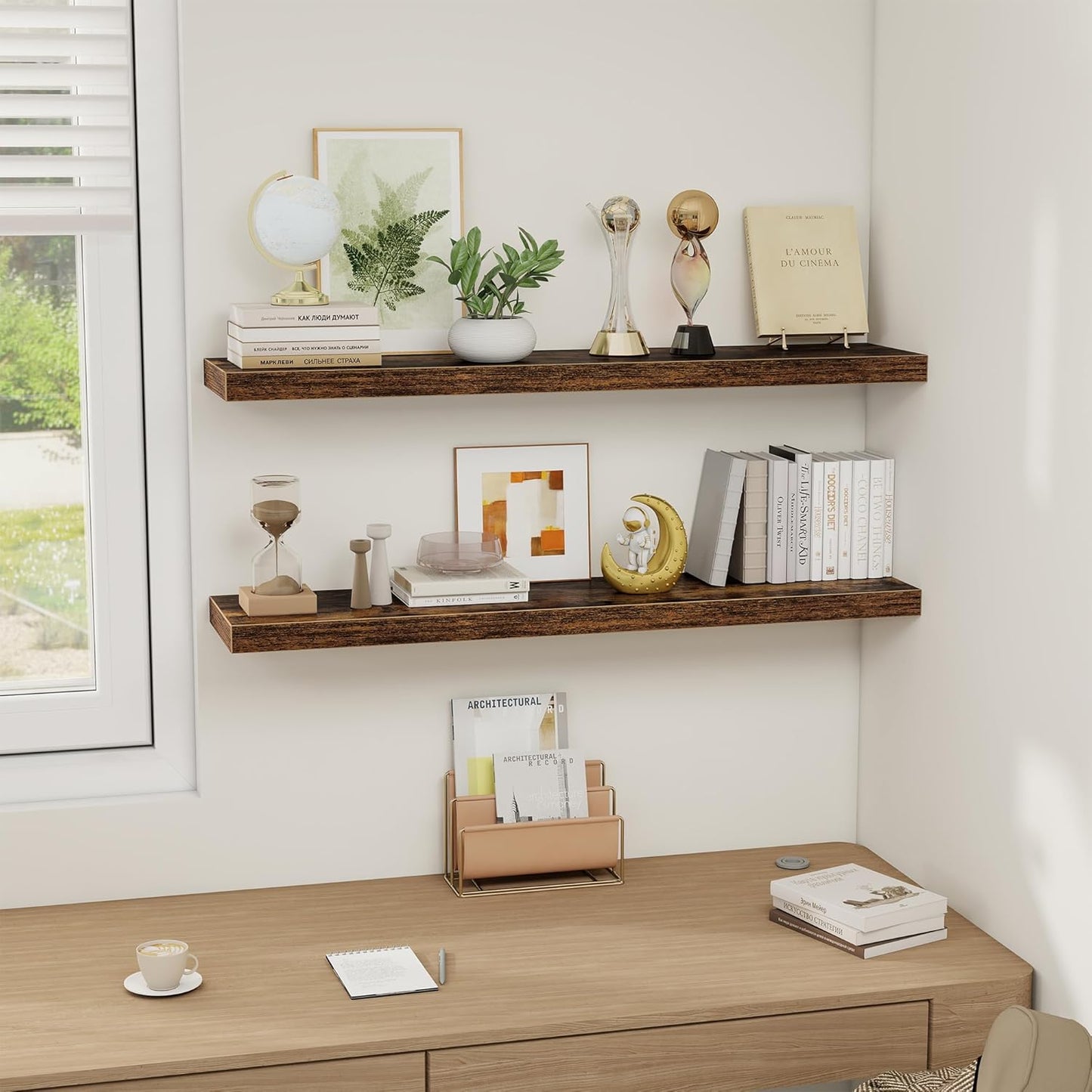 Floating Shelves Wall Shelf 40 Inch, 8 Inch Deep Floating Shelf for Wall, Farmhouse Black Wood Shelves Invisible Bracket for Living Room, Bedroom, Kitchen, 40 x 8 x 1.4 Inch, Set of 2, Rustic Brown