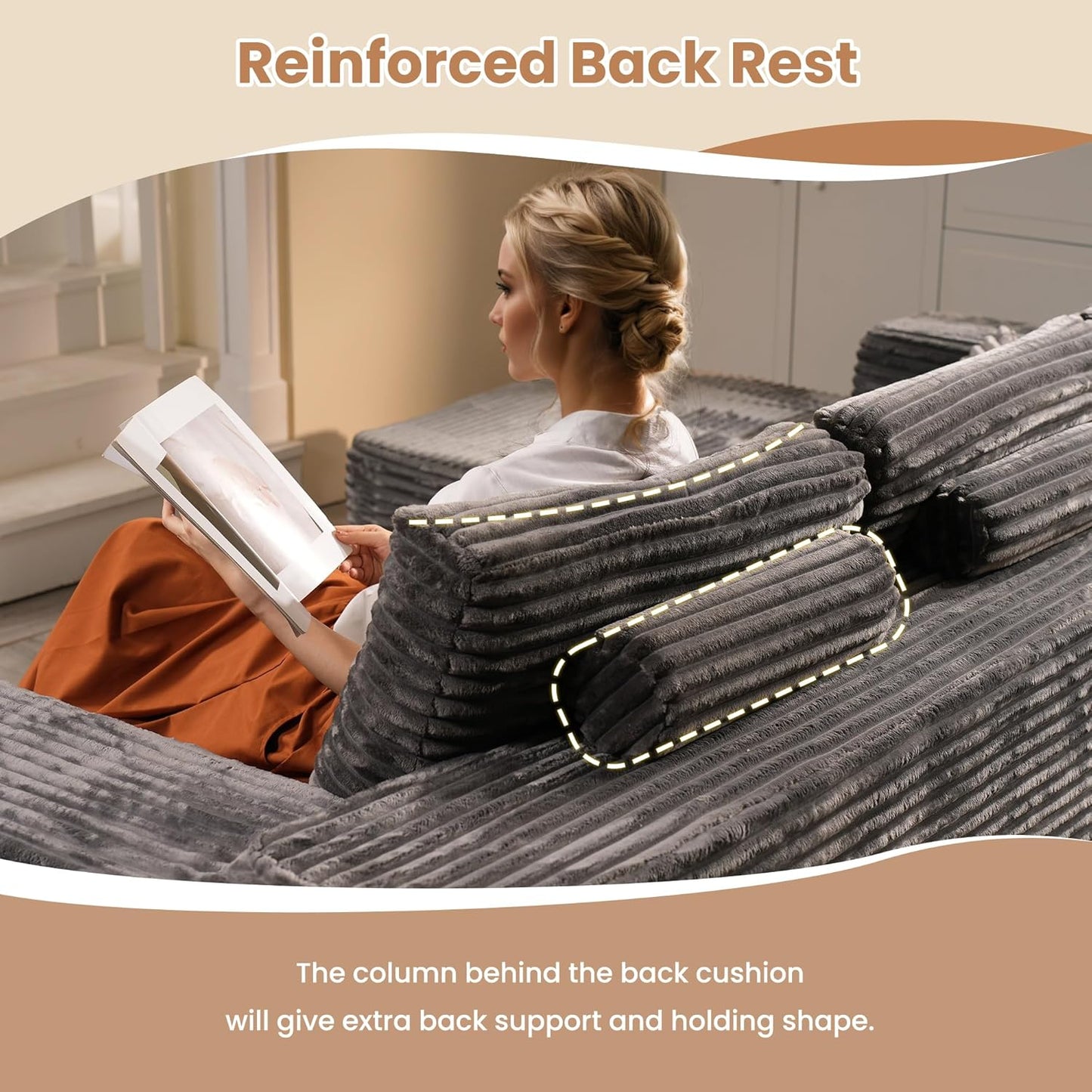 HOOOWOOO Cloud Sectional Couches for Living Room,Modular Sectional Sofa No Assembly,165X110 Inch Plush Corduroy Large U Shaped Floor Couch Set with Deep Seat Chaise Lounge(Gray)