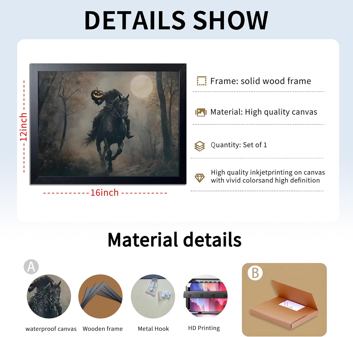 Black Wood Framed Halloween Canvas Wall Art Painting, Headless knight holding a pumpkin lantern Wall Decor, Vintage Dark Academia Gothic Poster Print, for Living Room Bedroom Office Decor 12x16 Inch