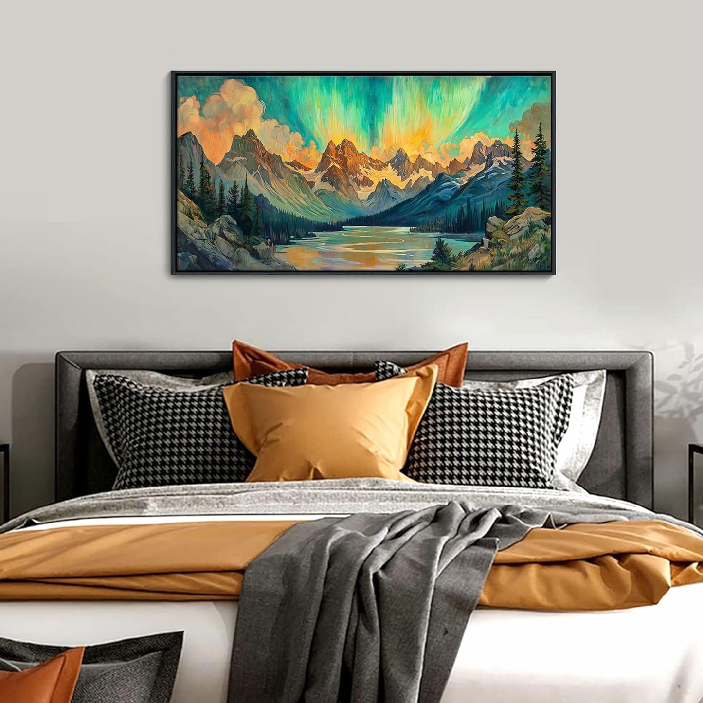JEAWA Framed Canvas Wall Art - 20x40 In Abstract Painting Decor, Textured Mountain Lake Tree Aurora Pictures, Modern Art Prints for Bedroom Living Room Bathroom Home Decoration