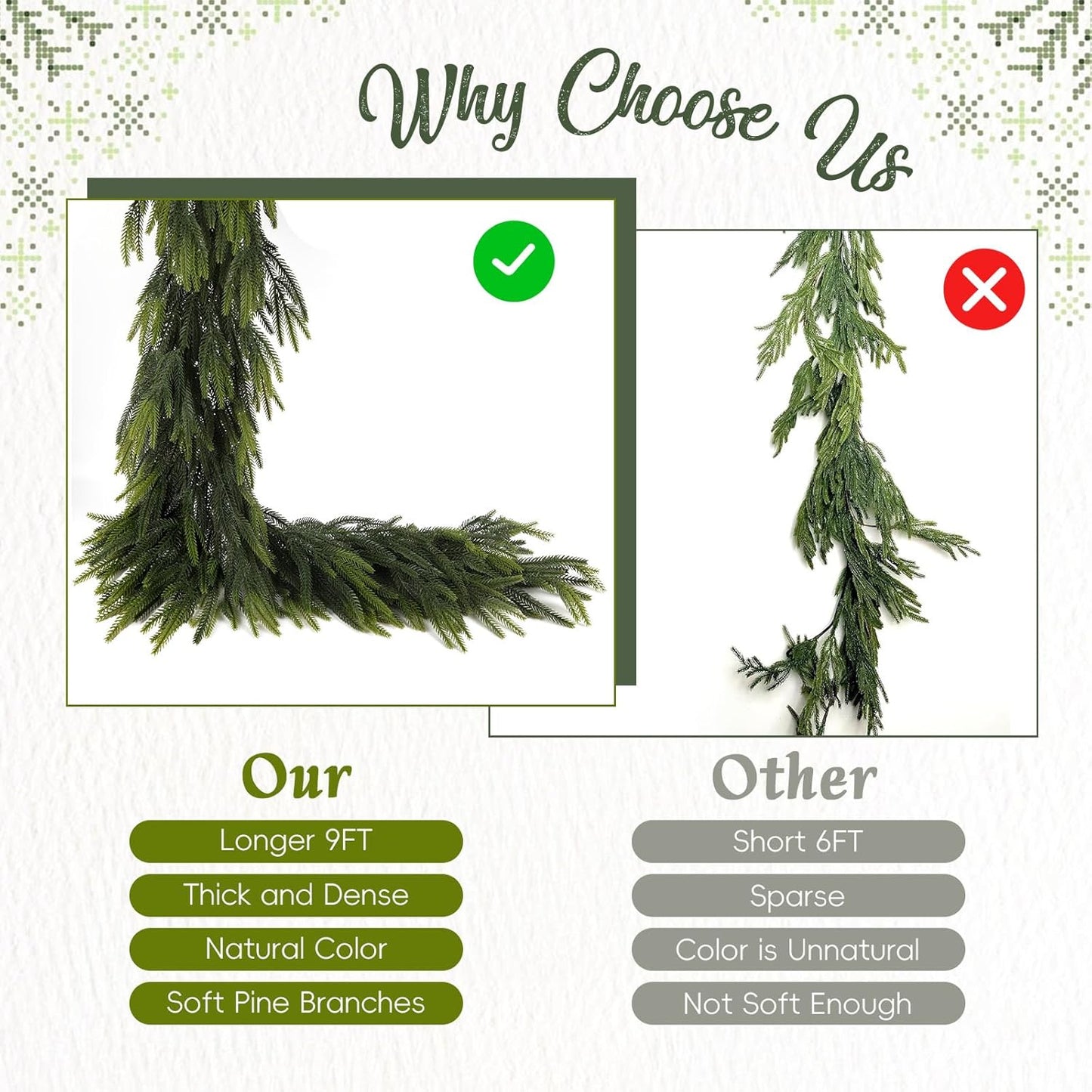 N&T NIETING 9FT Christmas Norfolk Pine Garland Real Touch Pine Artificial Garlands Faux Greenery Garland Winter Christmas Garland for Table Mantle Fireplace Indoor Outdoor Xmas Decorations (1 Pcs)