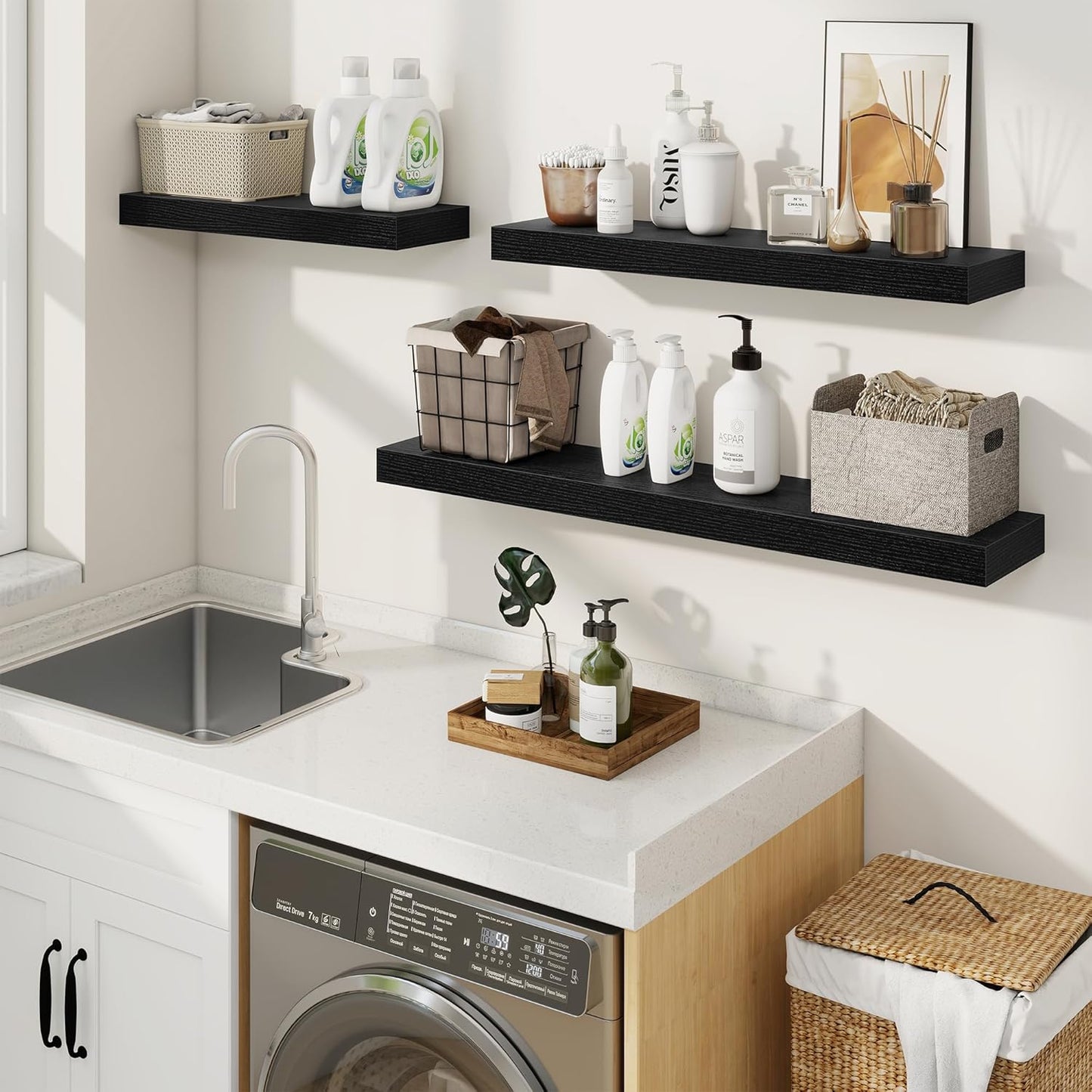 fuqing Floating Shelves for Wall, Bathroom Shelf Wall Mounted for Storage, Shelves with Invisible Bracket for Bedroom, Kitchen, Living Room, Farmhouse Small Book Shelf, 32 Inch Set of 2, Black