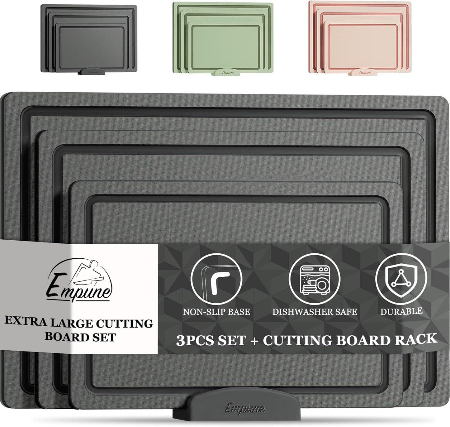 Empune Plastic Cutting Board Set, Recycled Plastic Cutting Boards for Kitchen (Set of 3), Dishwasher Safe Large Chopping Board with Holder, Non-slip Feet and Juice Grooves, Nonporous, Grey