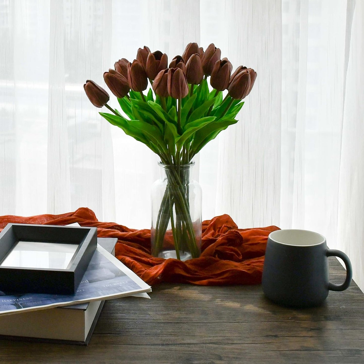 Mandy's Artificial Tulips 20 Stems Brown PU Faux Flowers for Wedding Home Decor 13.5 Inch