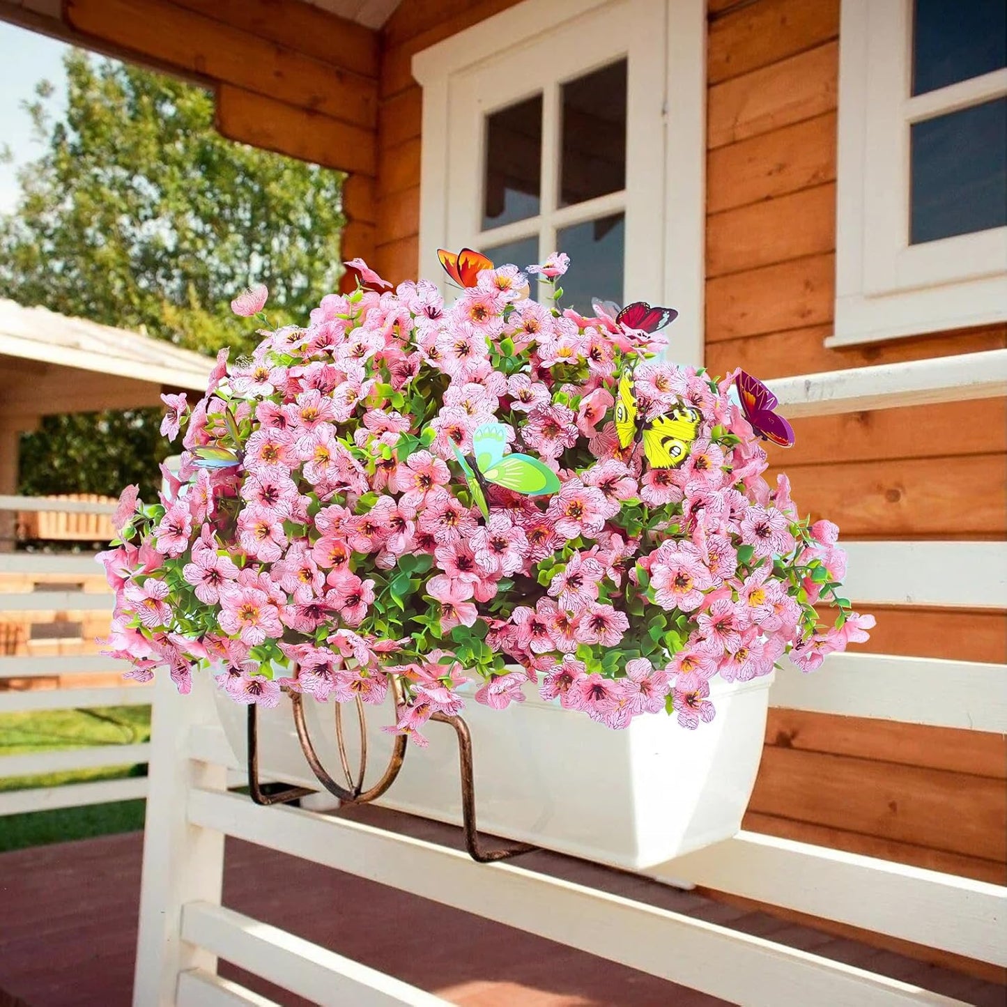 ‌20 Bundles Artificial Flowers for Outdoors‌ with 6 Faux Butterflies, UV Resistant ‌Fake Flowers‌ with Eucalyptus Leaves, ‌Artificial Plants Outdoor‌ for Patio Garden Porch Home Decor (Pink)