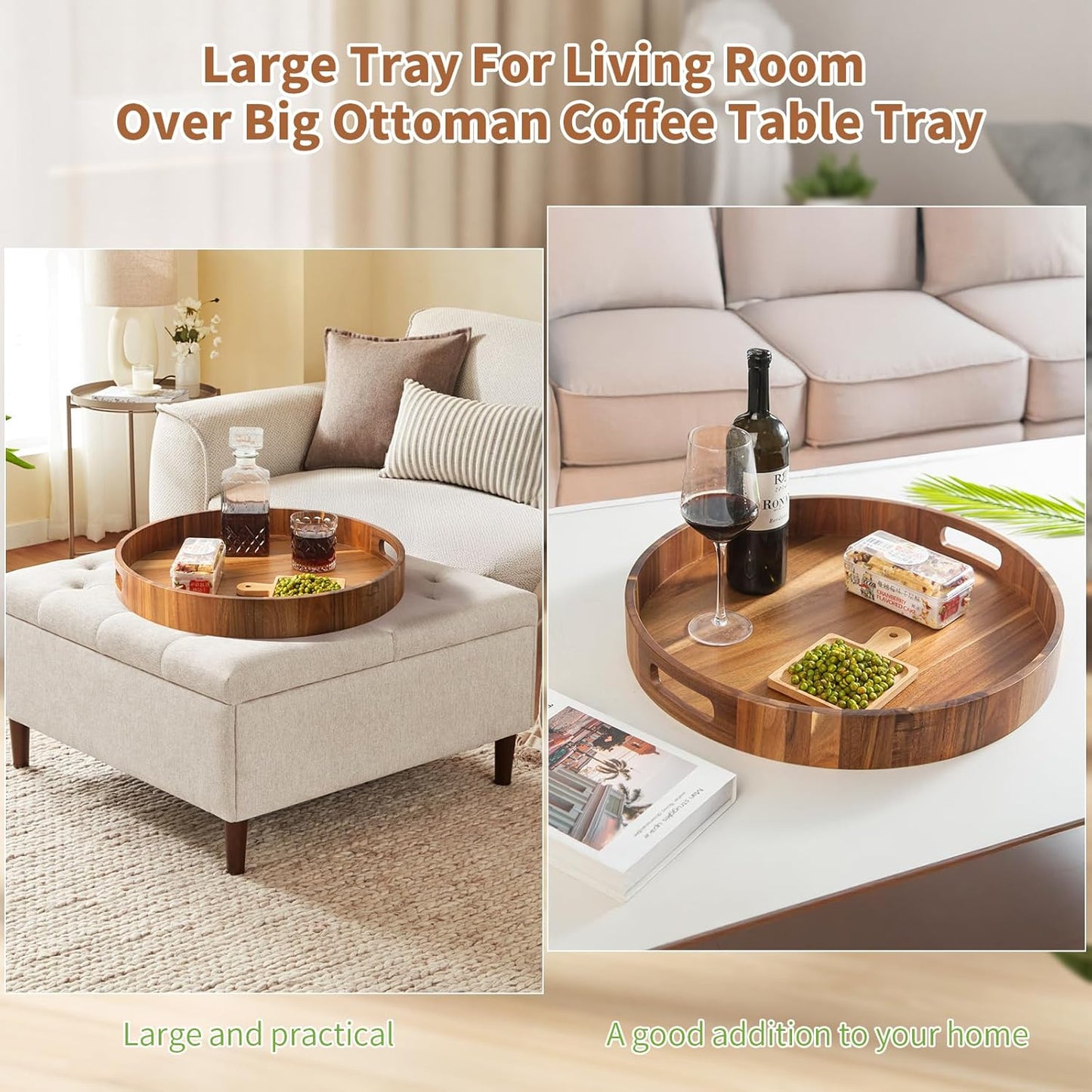 Large Ottoman Tray, 22" Big Ottoman Tray for Living Room, Large Serving Tray with Handles for Coffee Table Kitchen Counter,Great Round Wooden Trays with 4 Round Coasters for Appetizers, Dinner