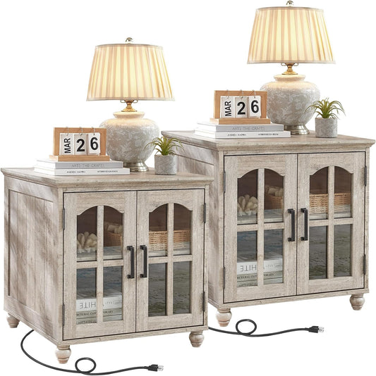 Farmhouse 24" End Table Set of 2 with Charging Station, Large Sofa Side Table with Glass Barn Door,Wood Night Stand with Adjustable Storage Shelf,Square Bedside Table for Living Room,Bedroom