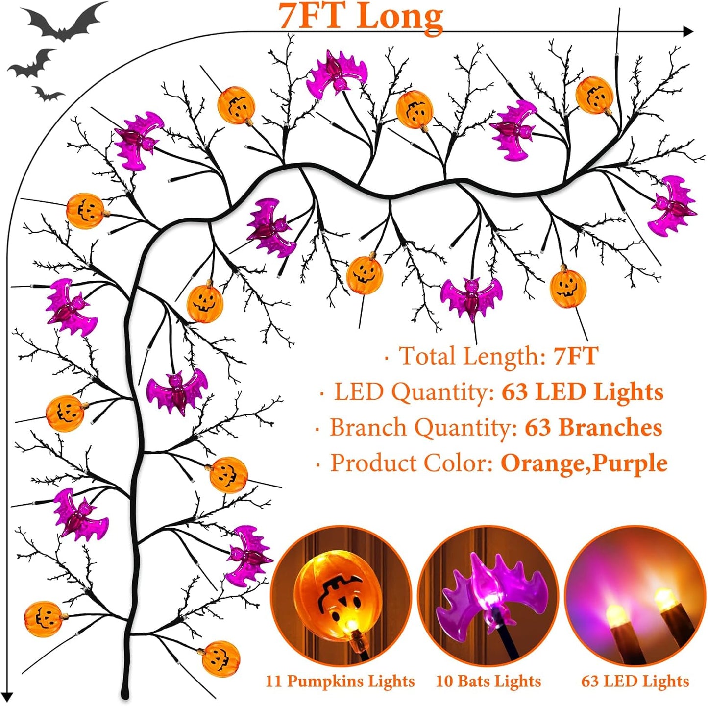 7 Ft 63 LED Halloween Willow Vine Twig Garland with 8 Modes Timer Orange Purple 21 Pumpkin Bats Lights,Halloween Garland with Waterproof Battery Operated for Indoor Wall Fireplace Decorations
