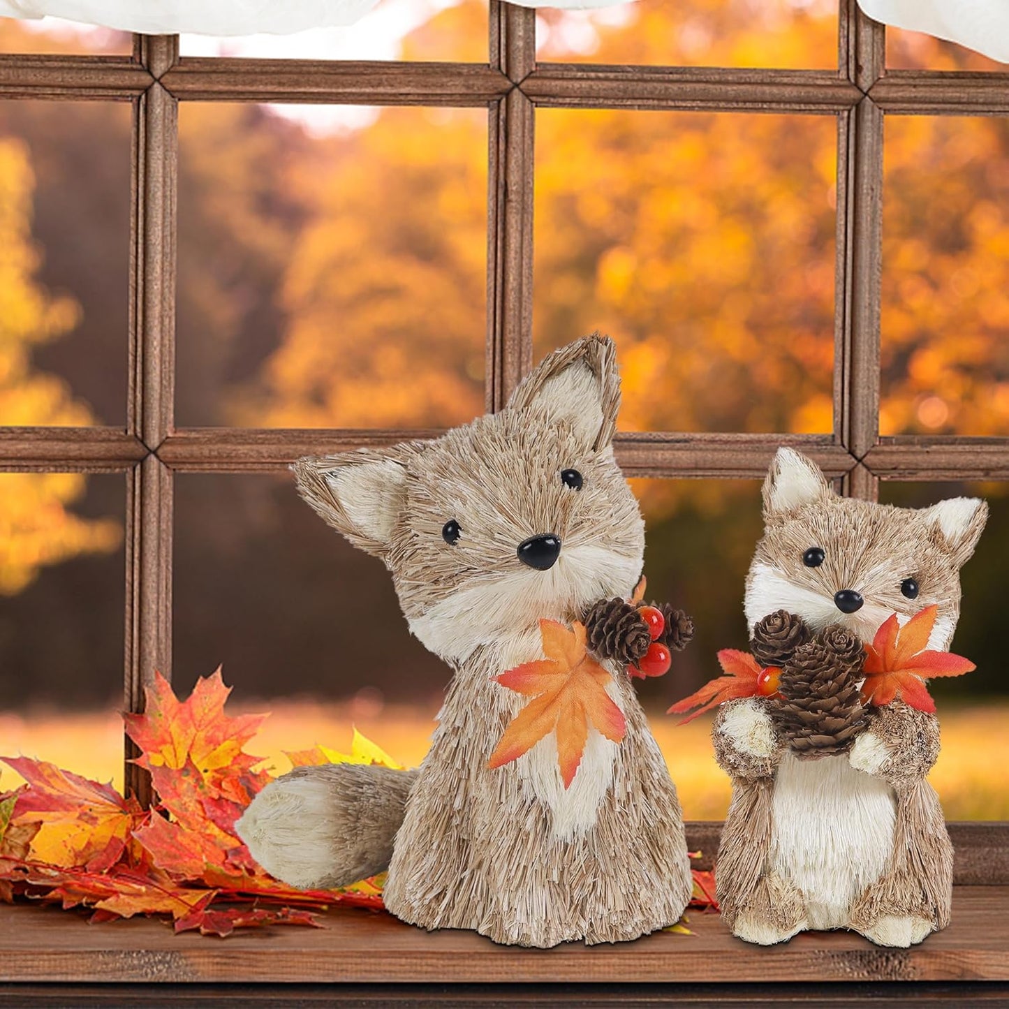 winemana Fall Decor Thanksgiving Decoration Sisal Fox, Set of 2 Table Centerpiece Foxes Animals Figurines, Handmade Ornaments Autumn Fall Decorations for Home Mantel Fireplace