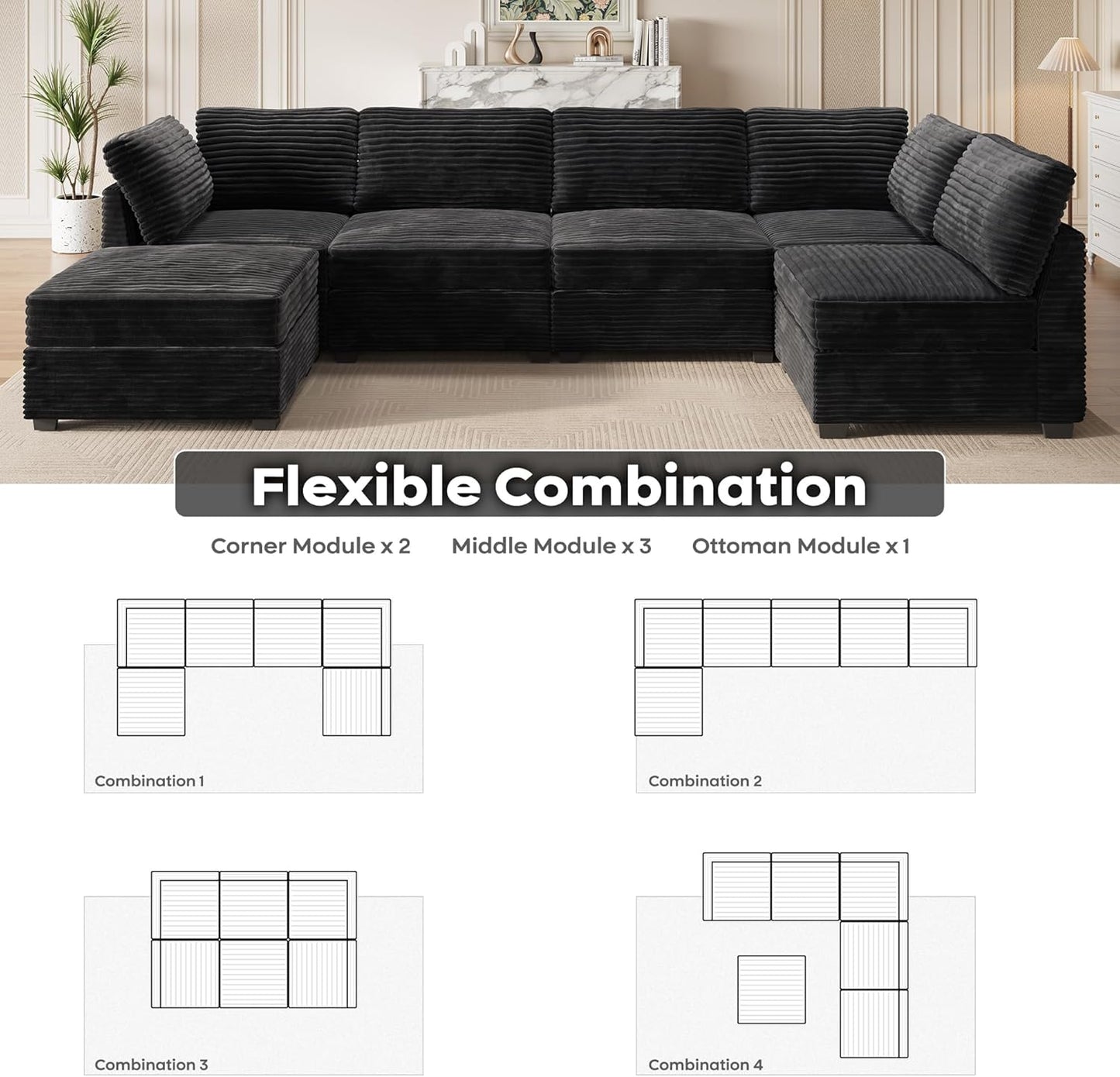 ovios Sectional Sofa Couch with U-Shape Chaise Sofa Bed, Comfy Modular Cloud Couches with Deep Seat, Modern Upholstered Plush Corduroy Sofas Set for Living Room, 6-Seater, Black