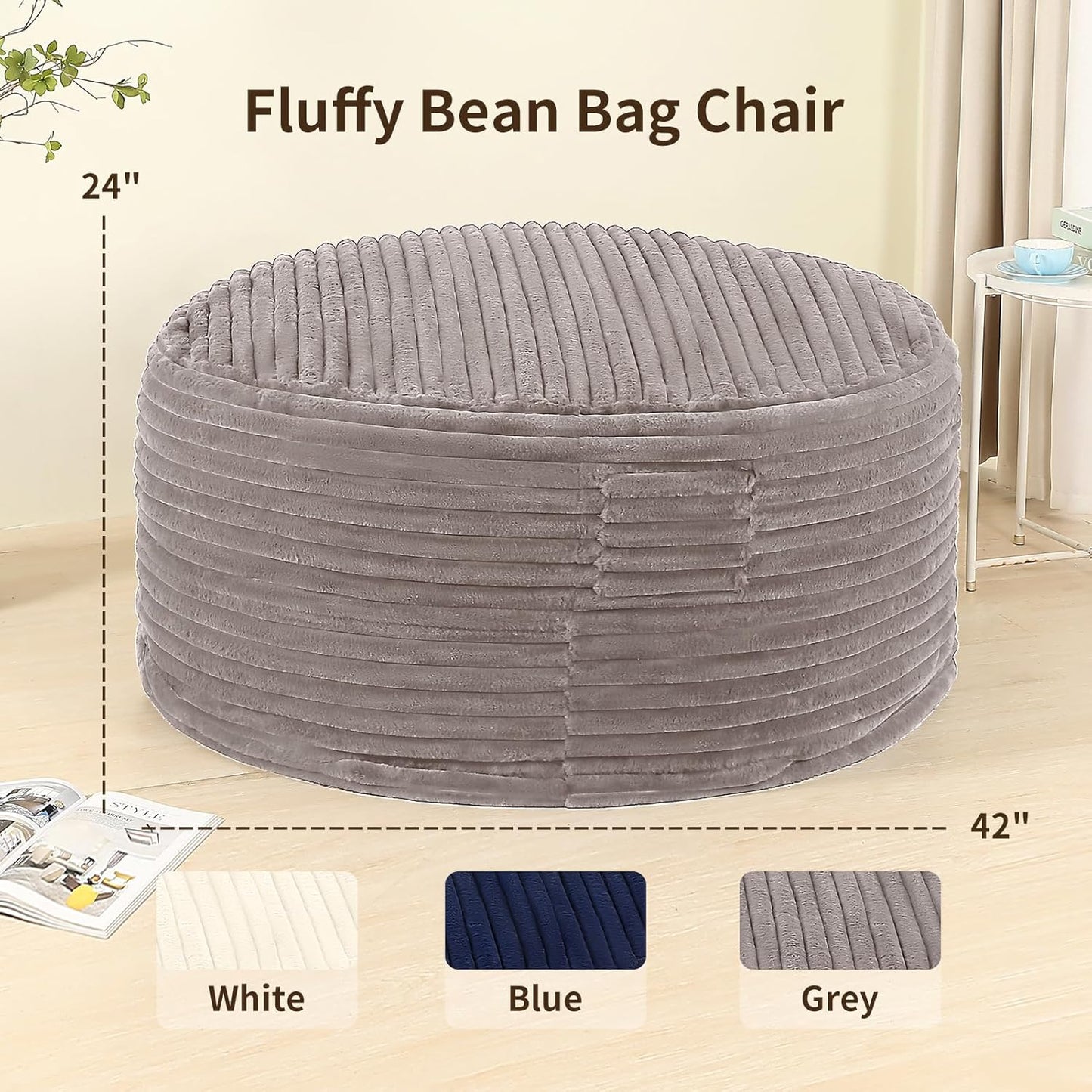 4FT Memory Foam Bean Bag Chair for Adults/Teens, Bean Bag Sofa with Fluffy Removable Cover, for Living Room Bedroom, Grey
