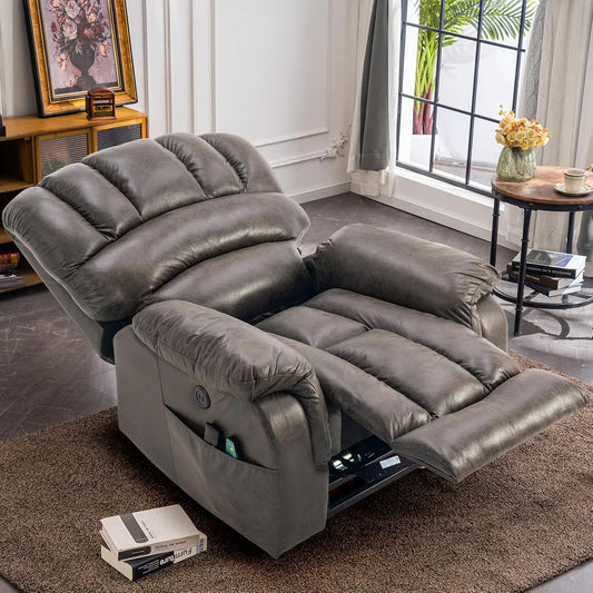 VIVIJASON Large Dual OKIN Motor Lay Flat Sleeper Lift Recliner Chair with Heat & Massage for Elderly, Infinite Position Electric Power Recliner with 2 Remote Controls, Side Pockets & USB Ports, Gray