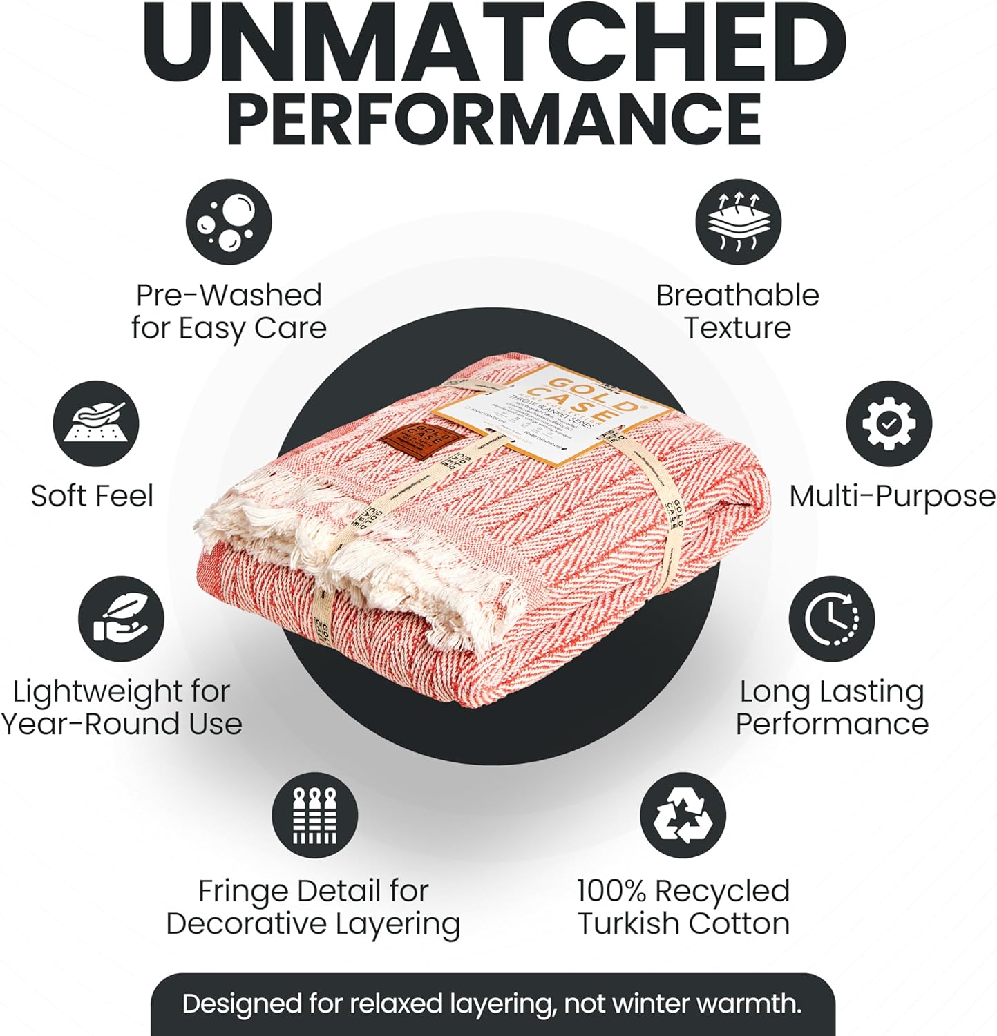 Gold Case Throw Blanket for Couch – 100% Recycled Turkish Cotton Blankets & Throws – Elegant Decorative Throw Blankets for Living Room Sofa – Woven Throws for Couch – Vintage Orange – 60x80