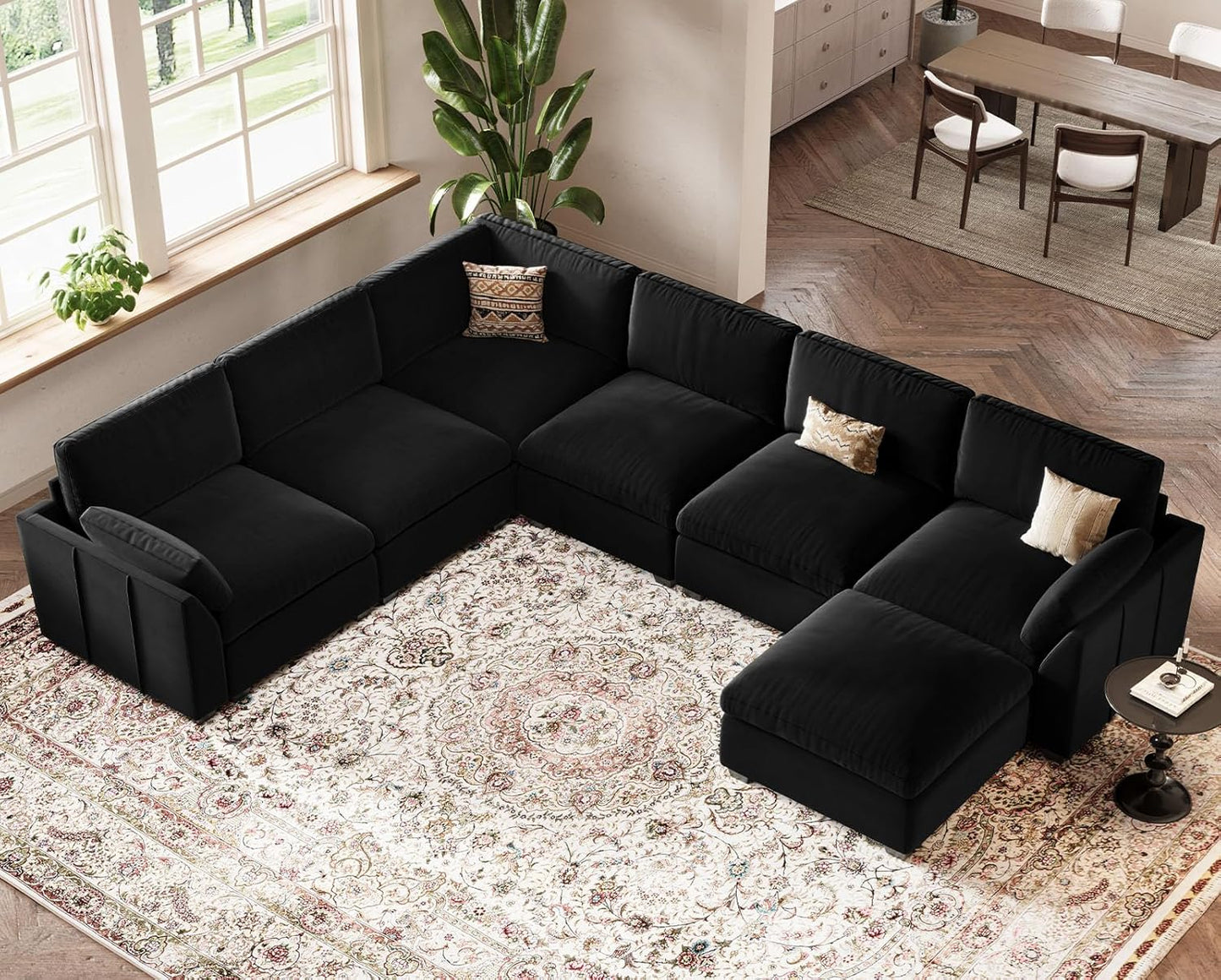Belffin Oversized Sectional Couch,137.8" 7-Seater U Shaped Modular Sectional Sofa with Ottoman,Convertible Velvet Couches for Living Room,Black Couch