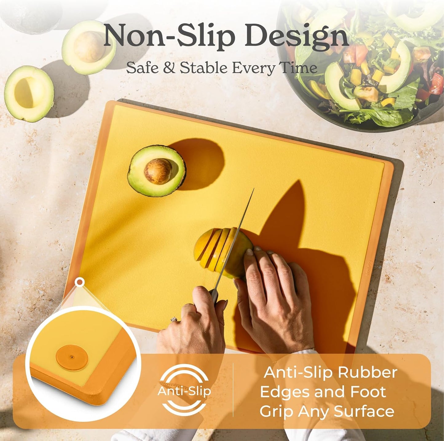 SMIRLY Plastic Cutting Board Set with Holder 3 Pieces, Non-Slip Dishwasher Safe Chopping Boards for Kitchen, Yellow