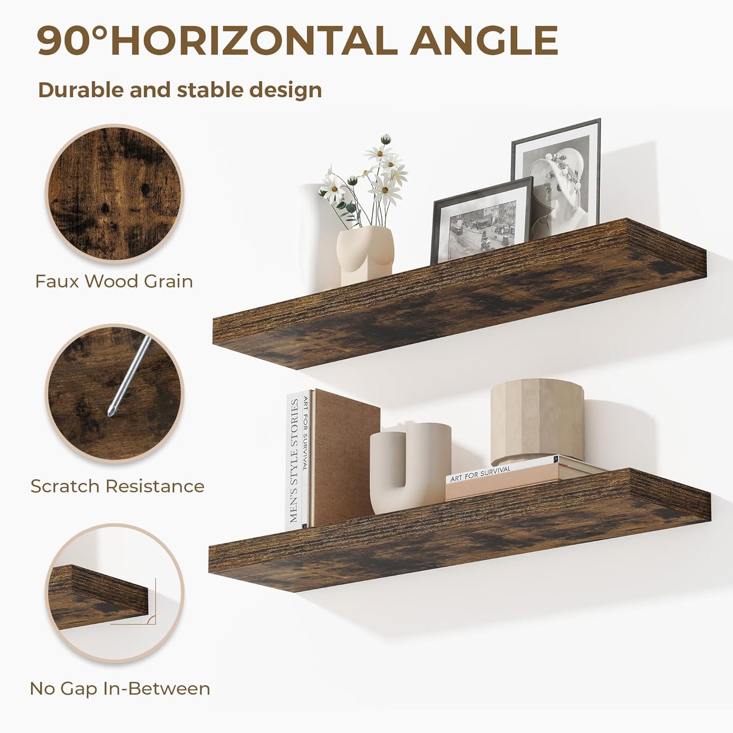 Dreamland 40 Inches Floating Shelves for Wall, 9.3" Deep Long Floating Shelves Set of 2, Large Display & Storage Shelf, Wall Shelf for Bathroom Bedroom Living Room Kitchen Office, Rustic Brown