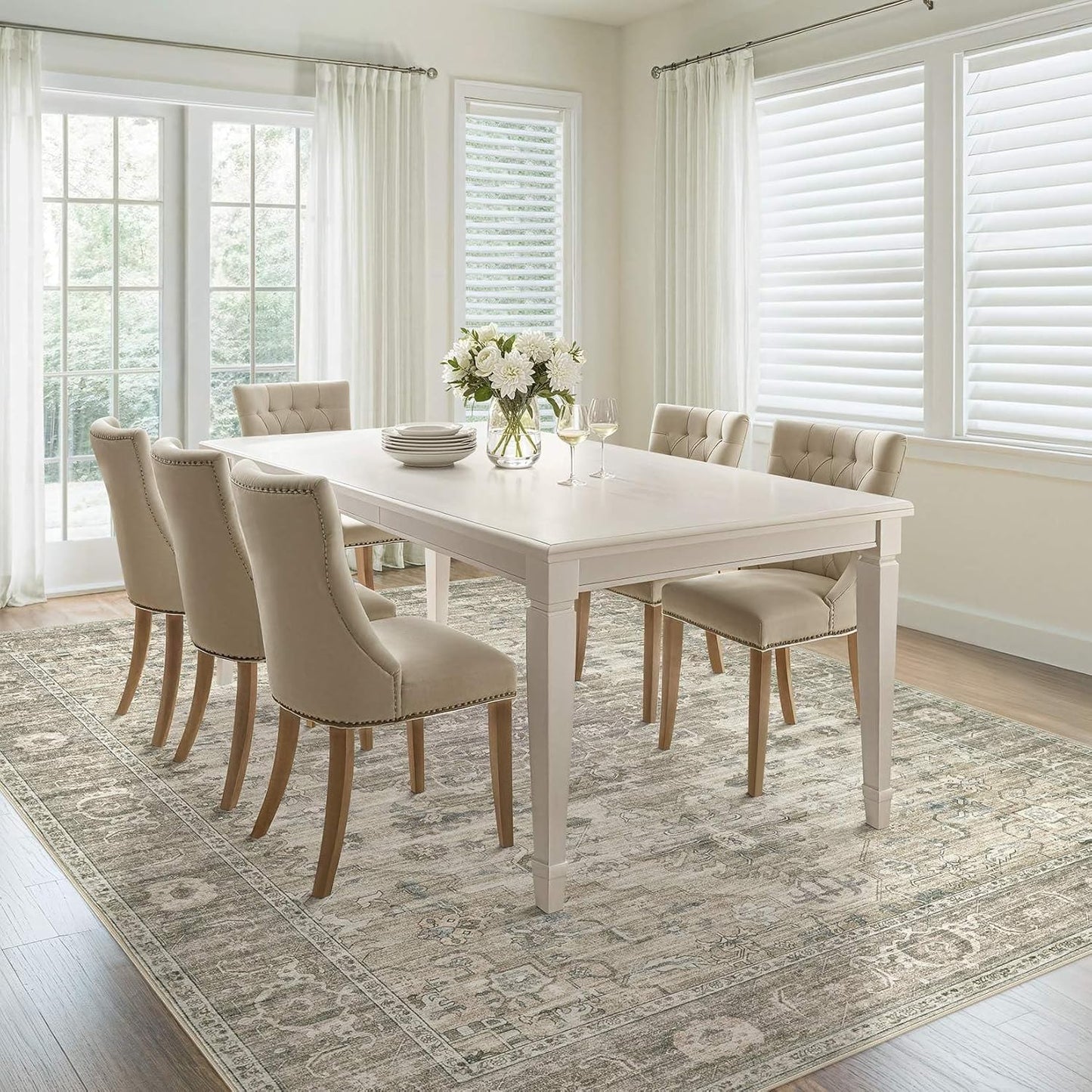 Washable Area Rugs for Living Room - 5x7 Neutral Vintage Distressed Floral Farmhouse Boho Large Soft Floor Rug Indoor Non Slip Carpet for Living Room Bedroom Dining Room Office - Brown/Tan