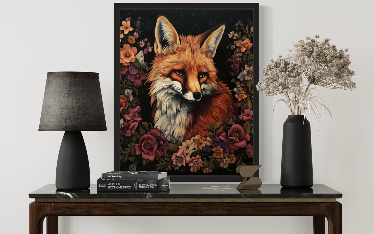 Fox and Flower Poster Art Print, Halloween Scary Vintage Wall Art Academia Spooky Painting Decoration for Horror Prints, Gothic Posters Bedroom Decor 89 (Fox and Flower, 16 x 20 inches, Black Frame)