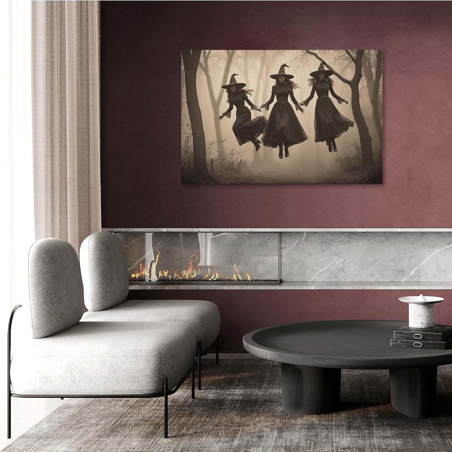 JFHCQJPK Three ghost witches flying in vintage forest gothic wall art witchcraft decoration holiday gift canvas wall art print16x24in Frameless