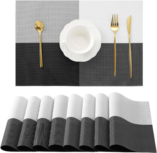 Leetaltree Gray with White Grid Pattern Placemats Set of 8 - Heat Resistant Non-Slip Place mats for Dining Table, Washable Durable PVC Vinyl Woven Table Mats（Grey Grid, 8）