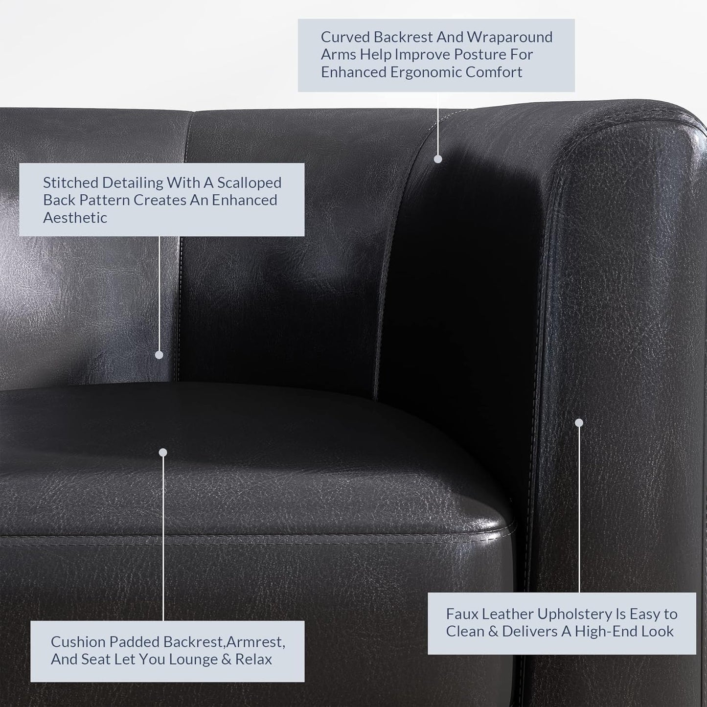 BELLEZE Accent Barrel Chair, Set of 2 Faux Leather Round Club Tub Sofa Corner Chair with Flared Legs and Cozy Soft Padding for Living Room Bedroom Waiting Room - Black