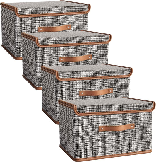 Tuza 4 Pack Storage Bins with Lids, Collapsible Closet Organizer Container, Fabric Organizer Box with Handles, Decorative Storage Boxes with Lids for Organizing Clothes, Books, Light Grey, Large