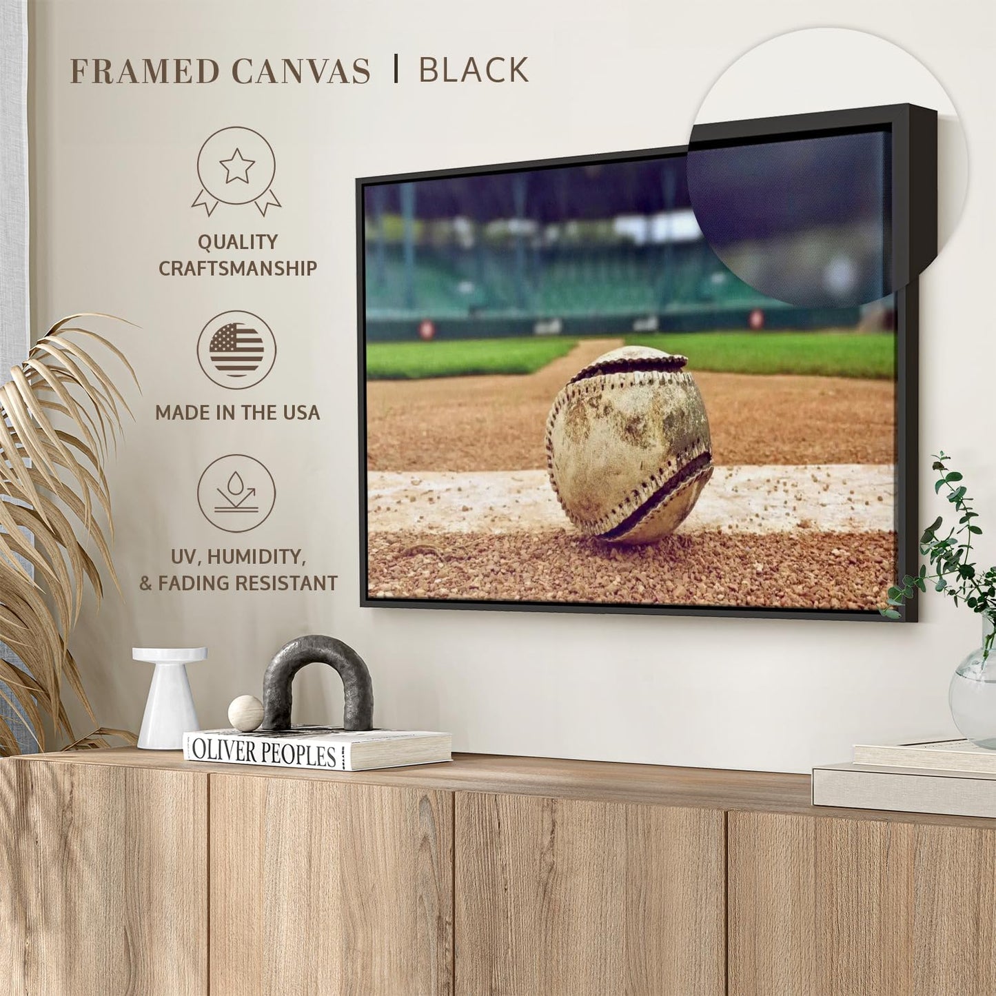 ElephantStock Baseball In Stadium Wall Art - Horizontal Framed Canvas - 1-Piece Living Room Wall Decor - Car Photography Canvas Print - Brown and Beige Decor for Wall - 13" X 9"