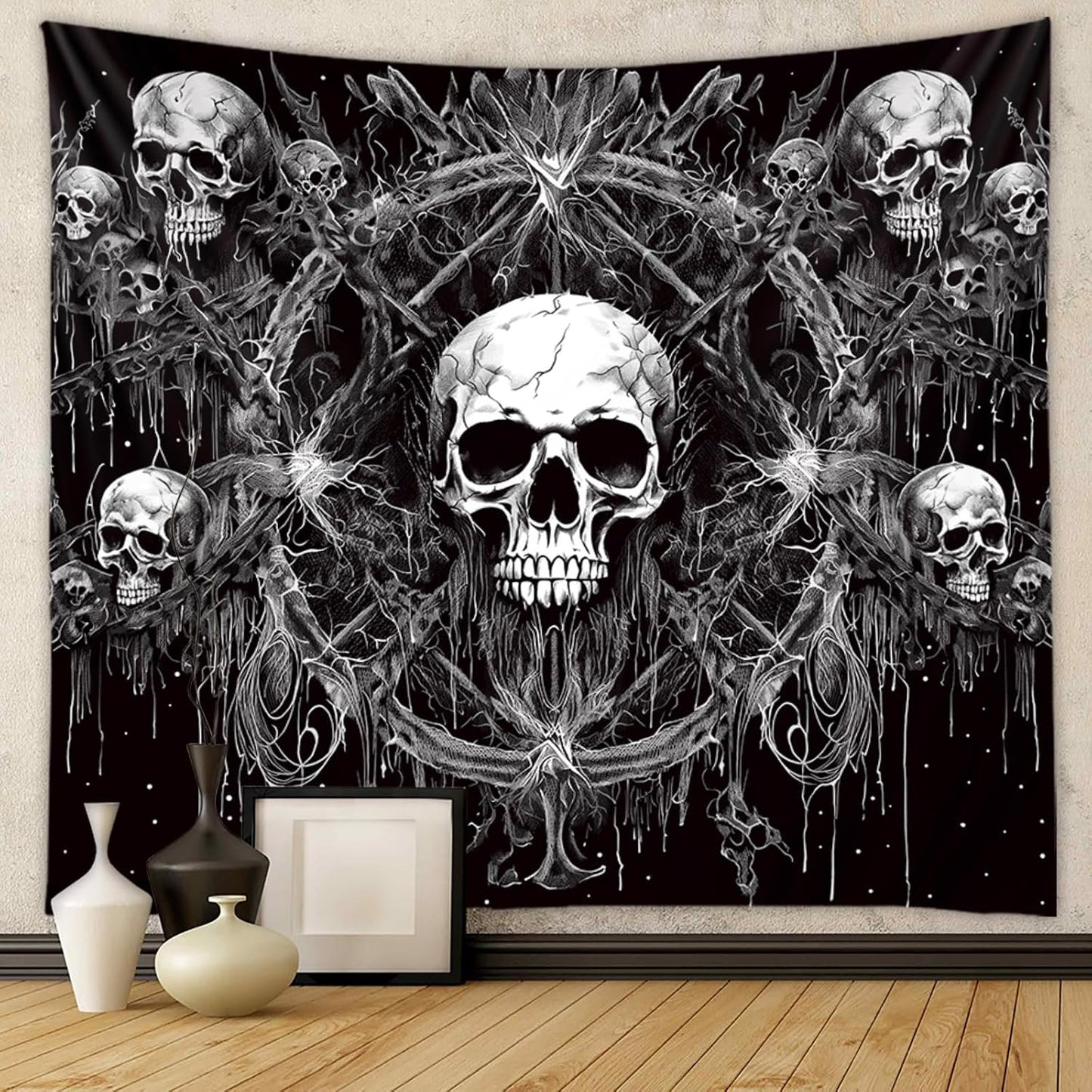 Tapzen Gothic Black and White Tapestry Wall Hanging - Dark Skeleton Horror Aesthetic for Bedroom, Living Room, Dorm (60 x 50 inches)