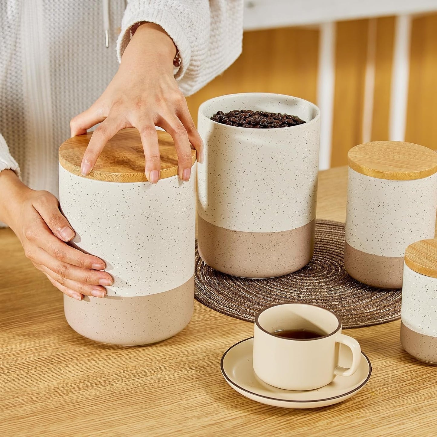 Yangbaga Canister Sets for Kitchen Counter, 80 OZ Large Ceramic Food Storage Jars with Airtight Wood Lids, Large Kitchen Canisters for Coffee, Sugar, Tea, Flour, Spice