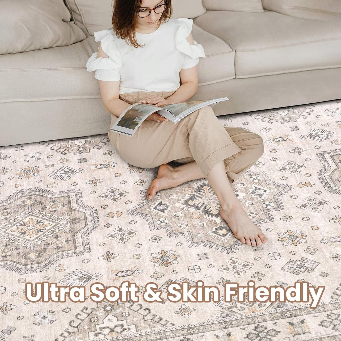 Washable Area Rugs for Living Room -8x10 Neutral Vintage Distressed Floral Farmhouse Boho Large Soft Floor Rug Indoor Non Slip Carpet for Living Room Bedroom Dining Room Office -Beige Brown