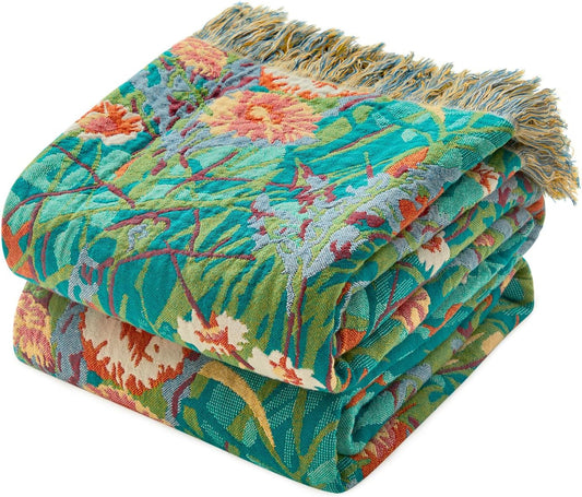 MSGKV Boho Throw Blanket for Couch Bed Chair 100% Cotton Muslin Breathable Floral Blanket 50"x60" Sofa Blankets for All Seasons Lightweight Farmhouse Blankets Boho Home Decor