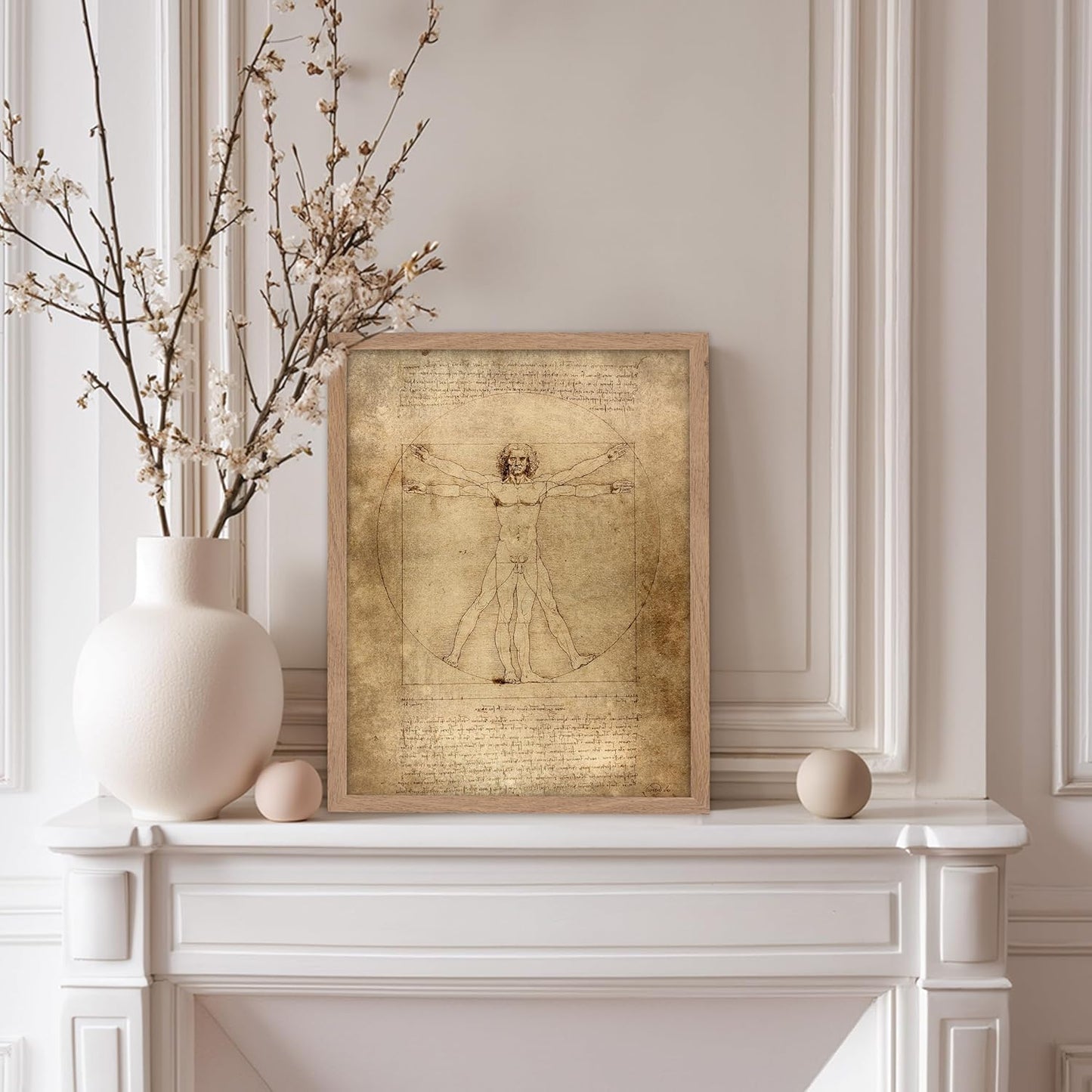 Poster Master Classic Leonardo Da Vinci Poster - Vintage Renaissance Print - Gift for Artist, Friend - Vitruvian Man, Proportion, Symmetry, Human Body - Wall Decor for Office, 11x14 Beige Framed