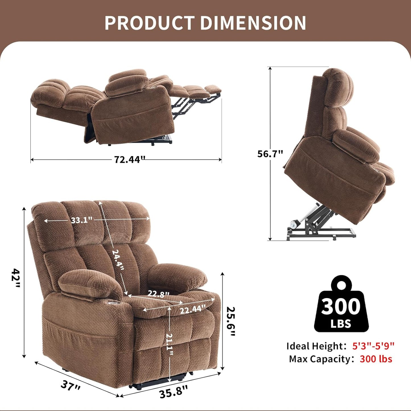 Dual Motor Power Lift Recliner Chair for Elderly,Electric Lift Chair with Adjustable Headrest, Heat and Massage,Lay Flat Recliner with Cup Holders,USB Ports,Type C,Zero Gravity, Brown