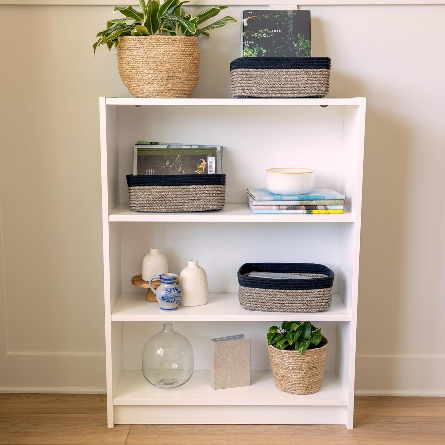 NaturalCozy 11.8"x8"x4.5” Rectangle Storage Baskets for Shelves 3 Pack | Cotton Rope Woven Small Baskets for Organizing | Small Storage Bins for Nursery, Bathroom, Closet, Shelf, Decorative, Gift