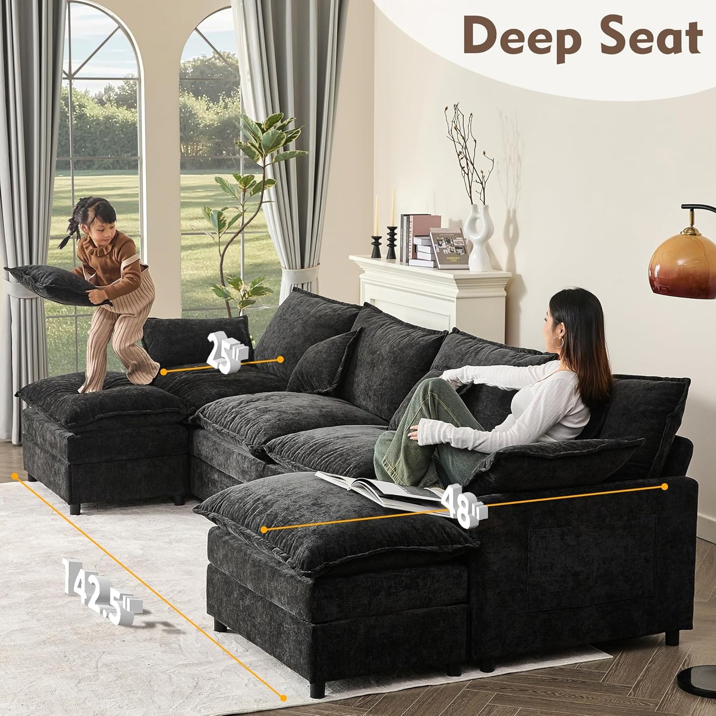 142.5" U Shaped Couch, Modular Sectional Sofa, 3-Seater Comfy Cloud Couch with Movable Ottoman, Deep Seat Couches for Living Room, Chenille, Black