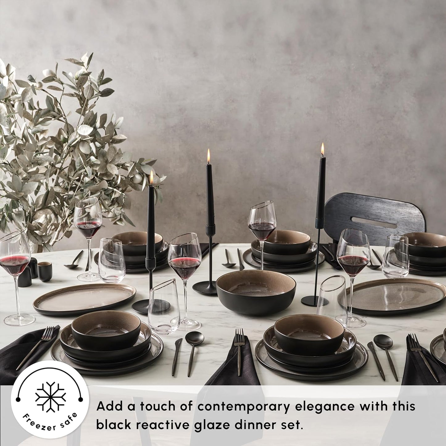 Karaca Mercure 59 Piece Stoneware Plates and Bowls Set, Reactive Glaze Black Dinner Set, Complete Kitchen Tableware Collection, Ideal Dinnerware for 12 People Dining Experience, Dishwasher Safe
