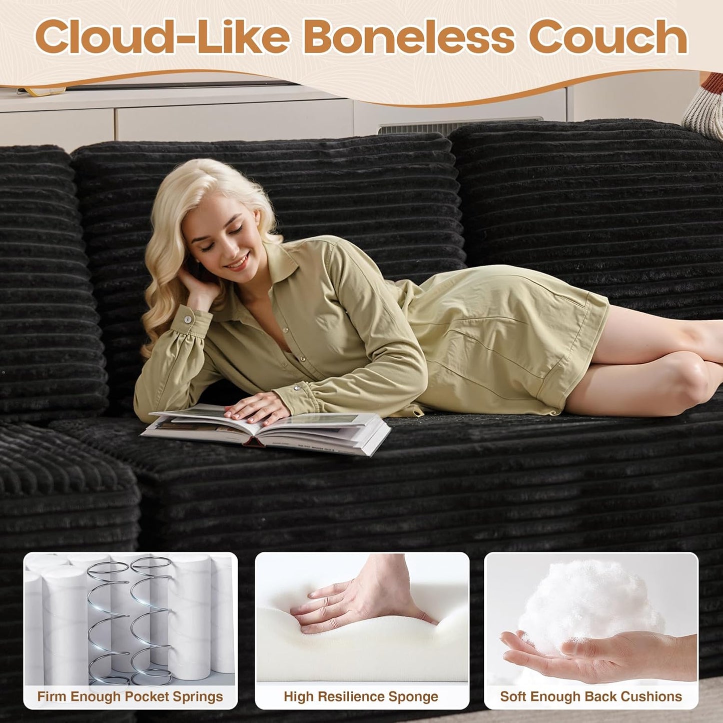 Cloud Sectional Couches for Living Room,U Shaped Modular Sofas No Assembly,135x100 Inches Plush Corduroy Oversized Floor Couch Set with Deep Seat Chaise,Black