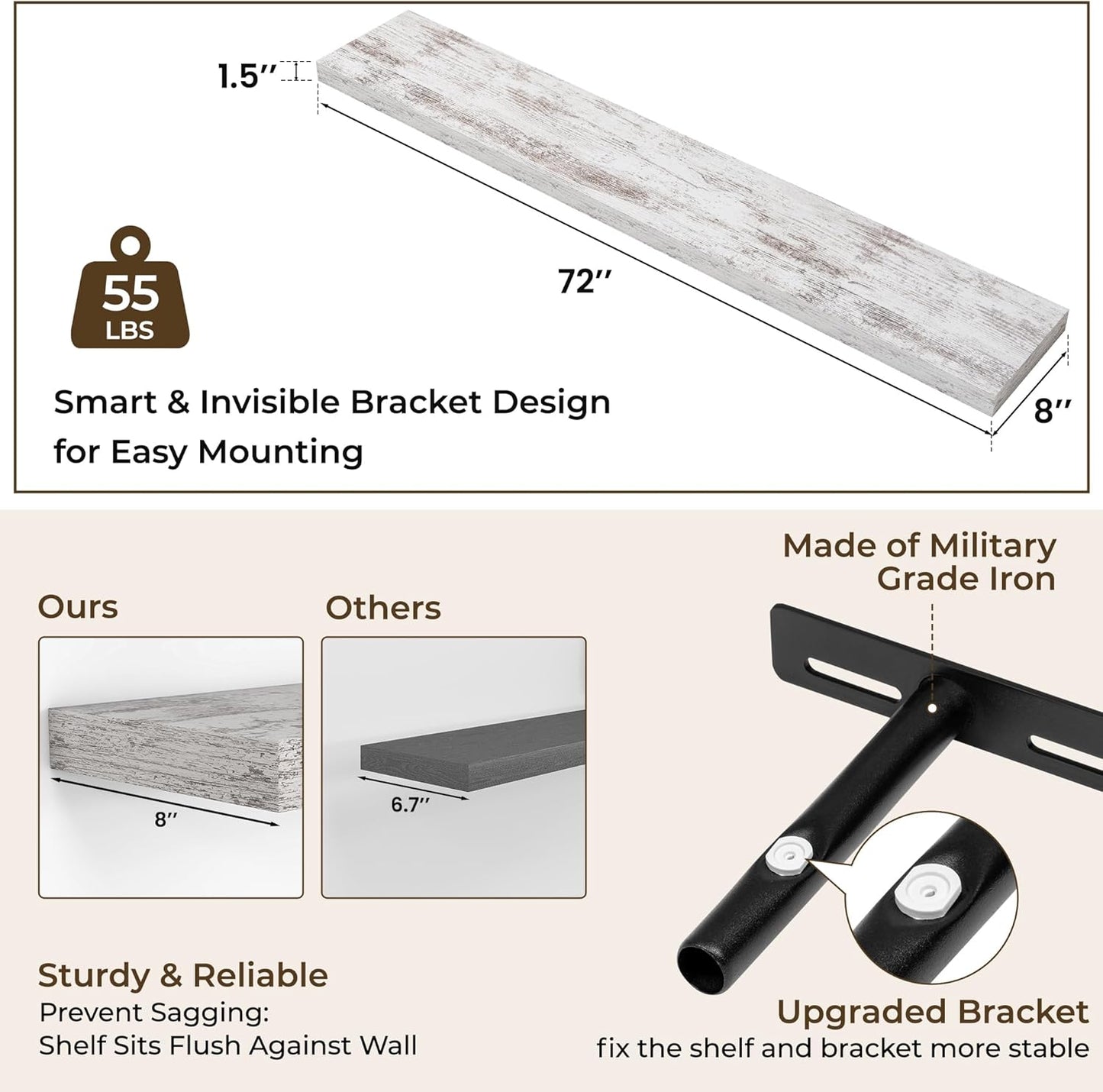 RICHFOCUS 72Inch Floating Shelves for Wall 2 Pack Shelves for Bedroom|Kitchen|Bathroom Wall Mounted Rustic Distressed Wood Floating Shelf with Invisible Brackets for Books|Storage|Decor, Rustic
