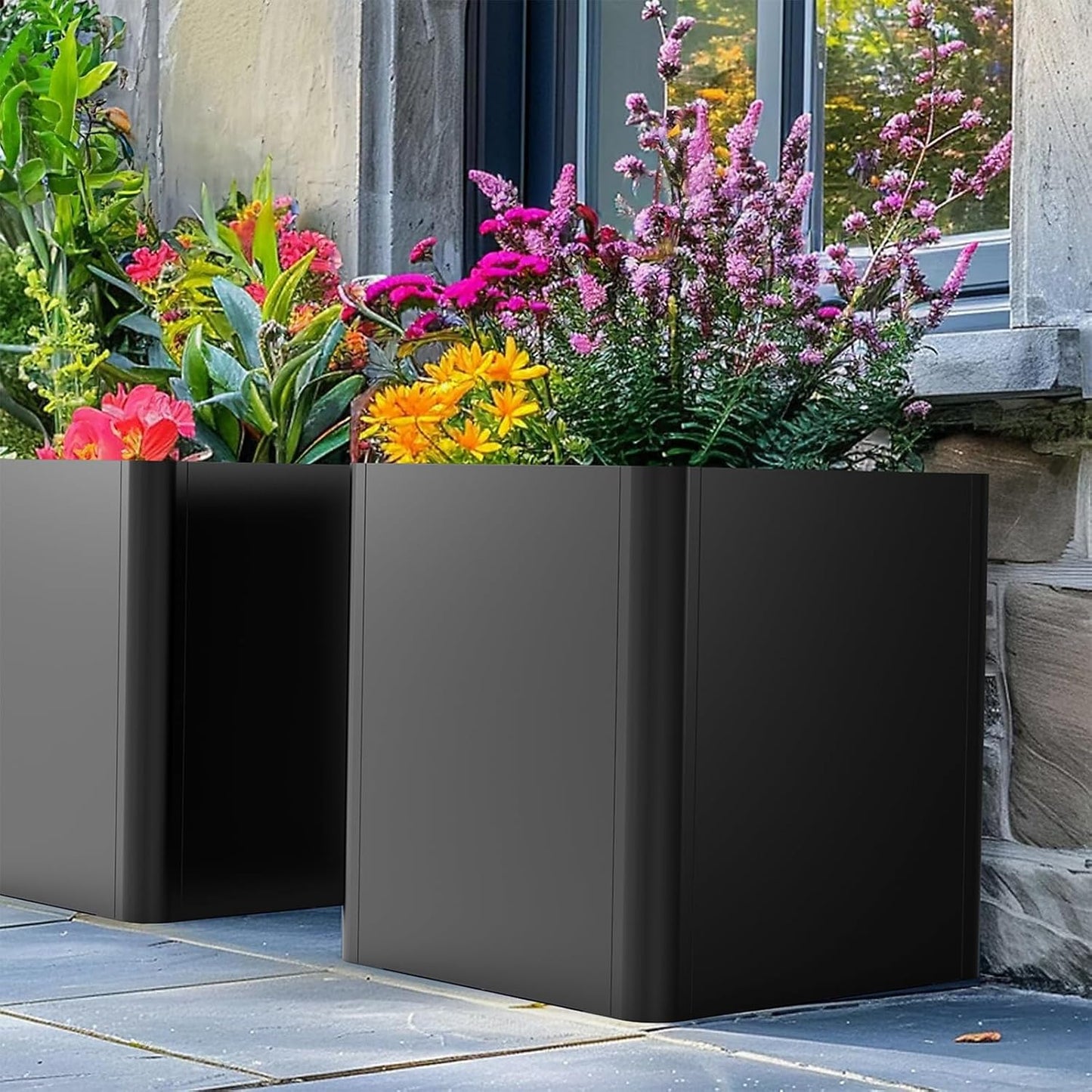 Metal Square Planter Box, Galvanized Steel Planters for Outdoor Plants, 24"x 24"x 25" Black Large Outdoor Planters with Drainage Hole for Porch/Patio/Garden