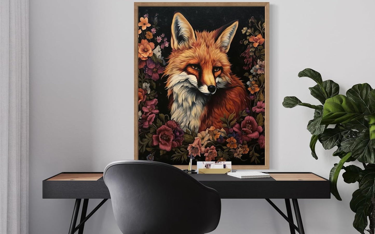 Fox and Flower Poster Art Print, Halloween Scary Vintage Wall Art Academia Spooky Painting Decoration for Horror Prints, Gothic Posters Bedroom Decor 89 (Fox and Flower, 11 x 14 inches, Wood Frame)